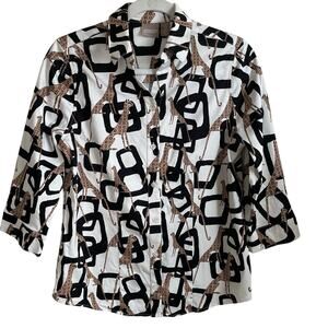 Chico’s Button Up Top Cheetah Geometric Print Sz S Shirt Blouse Whimsical Artsy